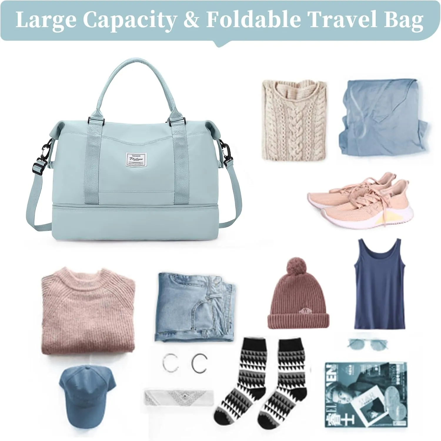 SYCNB Weekender Bags for Women, Personal Item Travel Bag with Shoes Compartment, Overnight Travel Duffel Bag with Wet Pocket & Trolley Sleeve,Gym Bag,Light Blue