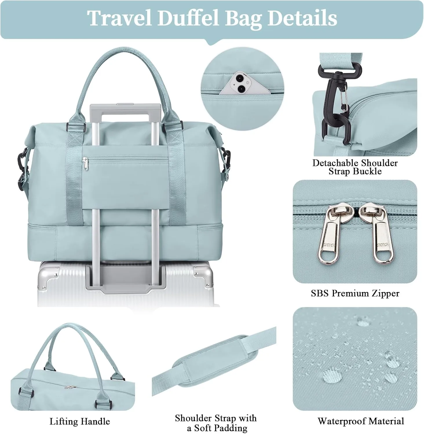 SYCNB Weekender Bags for Women, Personal Item Travel Bag with Shoes Compartment, Overnight Travel Duffel Bag with Wet Pocket & Trolley Sleeve,Gym Bag,Light Blue