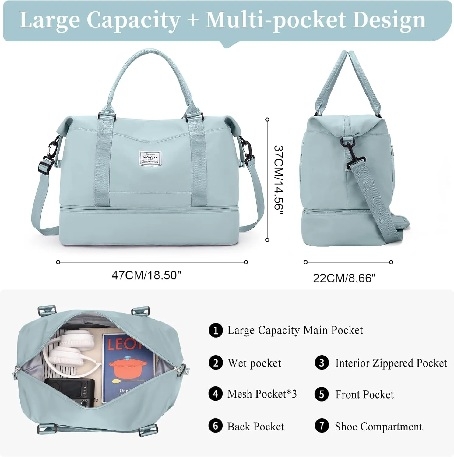 SYCNB Weekender Bags for Women, Personal Item Travel Bag with Shoes Compartment, Overnight Travel Duffel Bag with Wet Pocket & Trolley Sleeve,Gym Bag,Light Blue