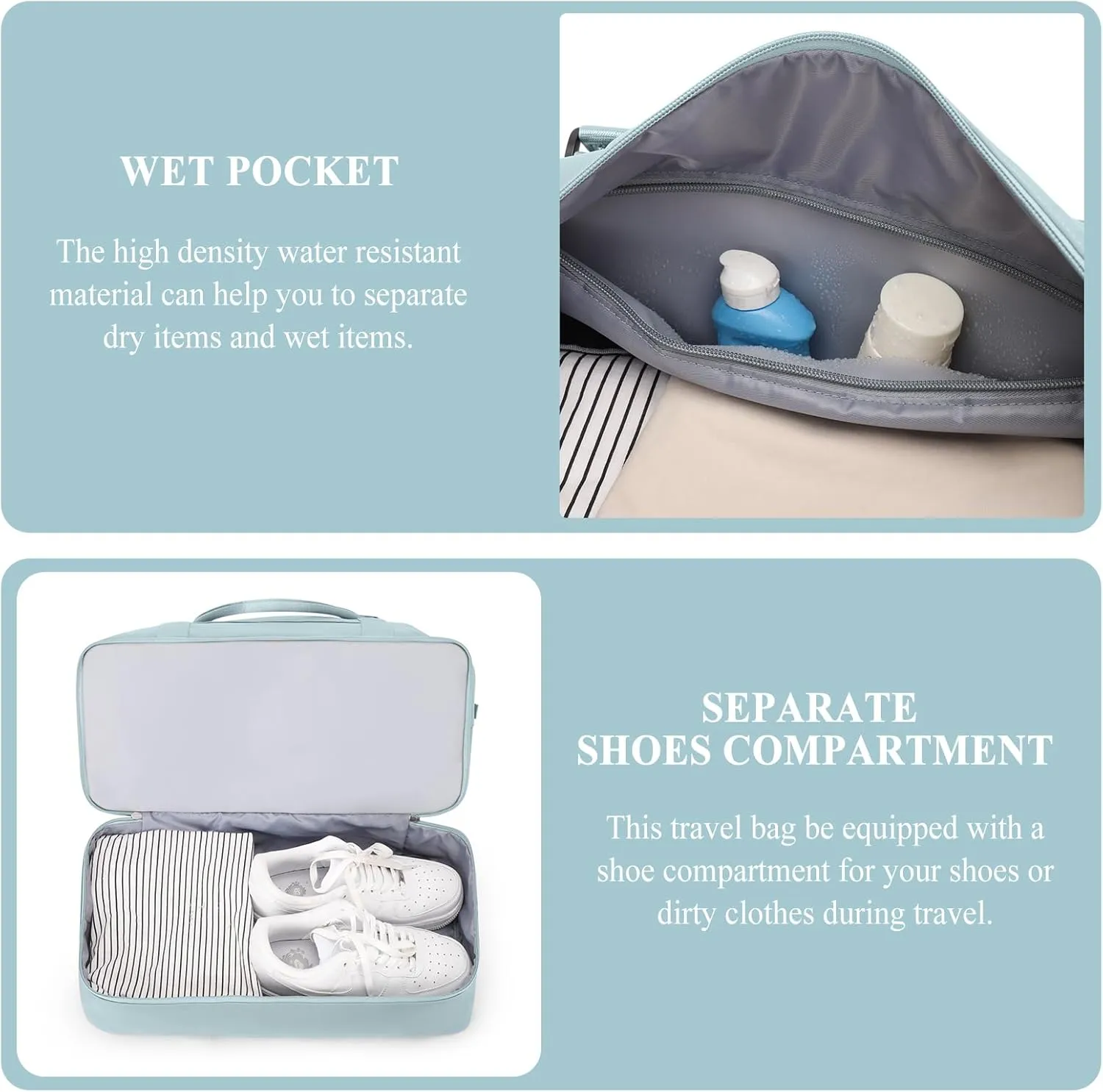 SYCNB Weekender Bags for Women, Personal Item Travel Bag with Shoes Compartment, Overnight Travel Duffel Bag with Wet Pocket & Trolley Sleeve,Gym Bag,Light Blue