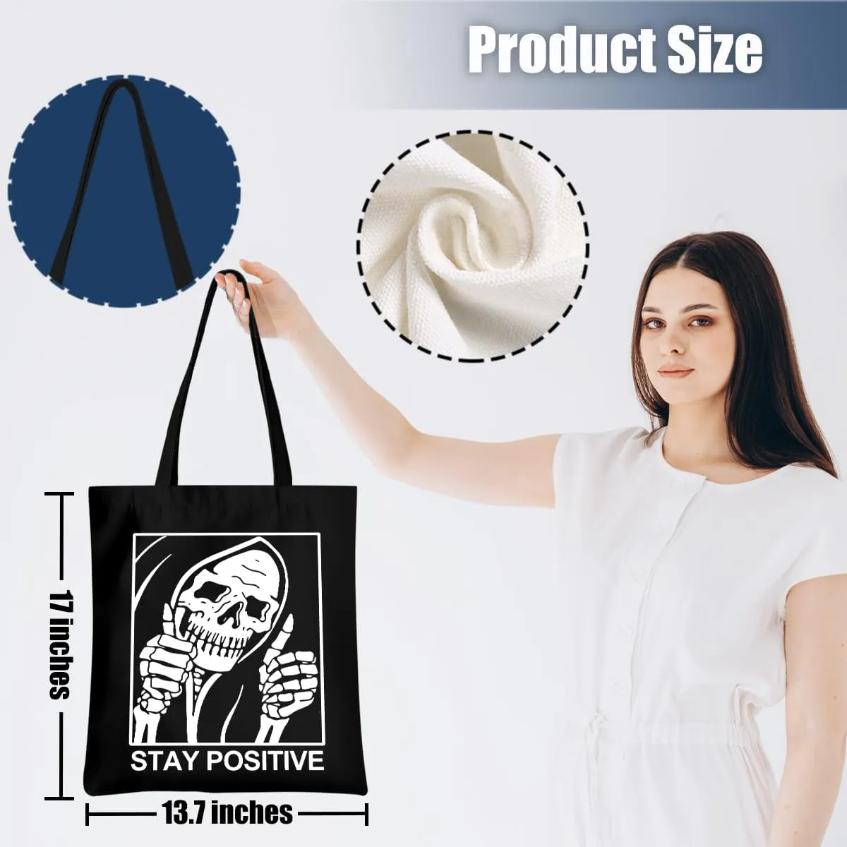 Tarot Gothic Skull Tote Bag - Funny Gifts for Goths, Skeleton Reusable Grocery Bag, Witchy Halloween Weekender Bag
