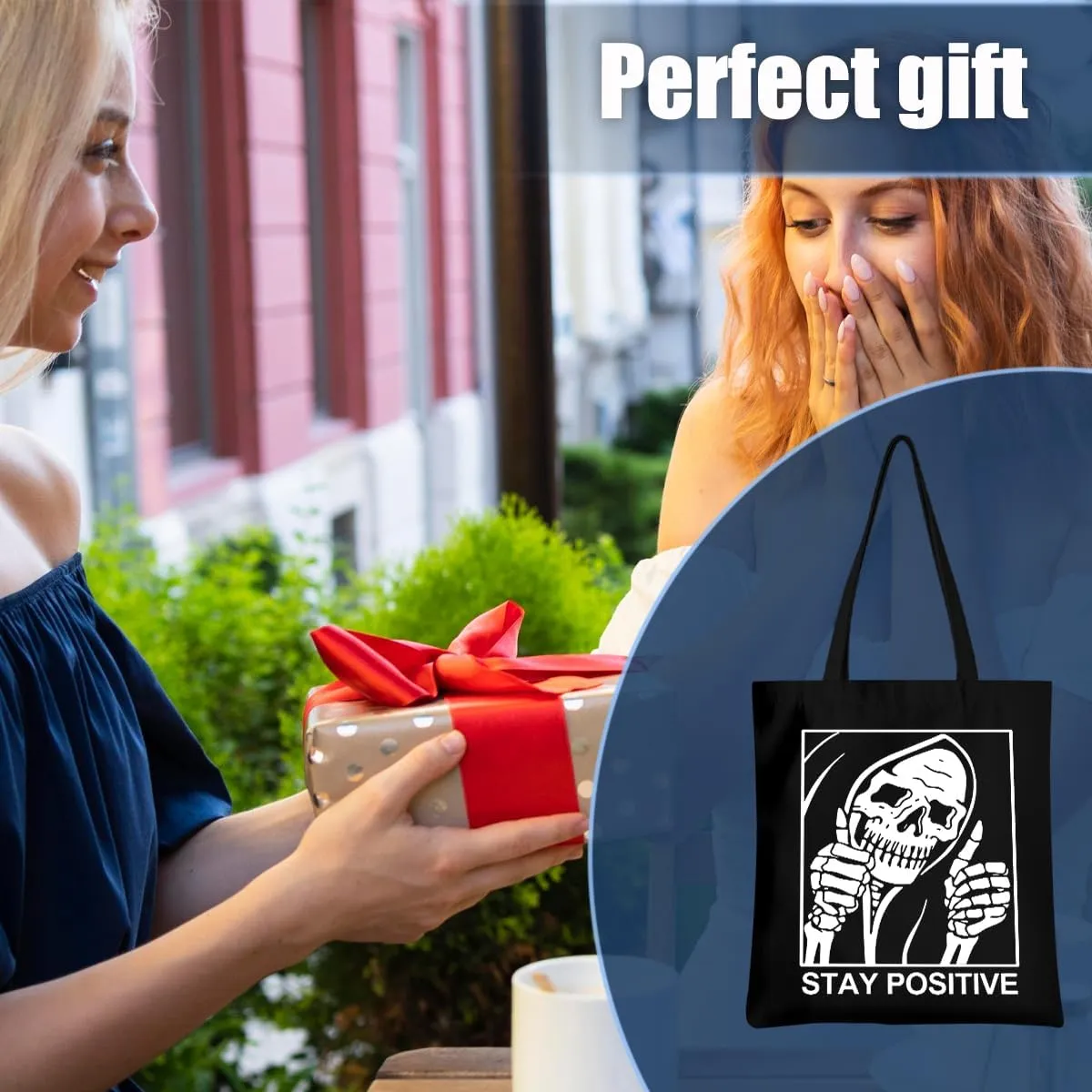 Tarot Gothic Skull Tote Bag - Funny Gifts for Goths, Skeleton Reusable Grocery Bag, Witchy Halloween Weekender Bag
