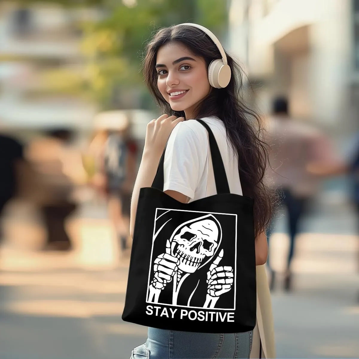 Tarot Gothic Skull Tote Bag - Funny Gifts for Goths, Skeleton Reusable Grocery Bag, Witchy Halloween Weekender Bag