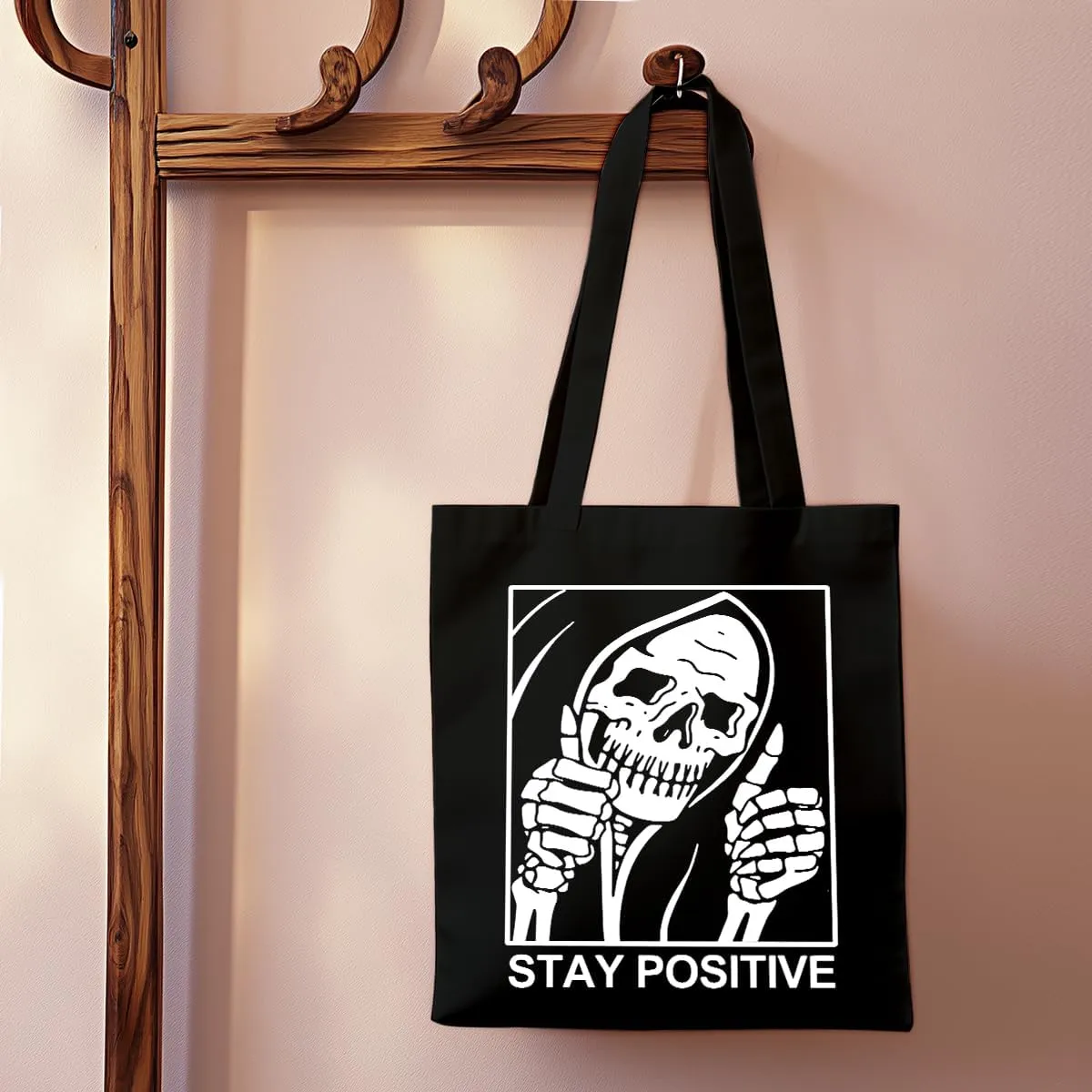 Tarot Gothic Skull Tote Bag - Funny Gifts for Goths, Skeleton Reusable Grocery Bag, Witchy Halloween Weekender Bag