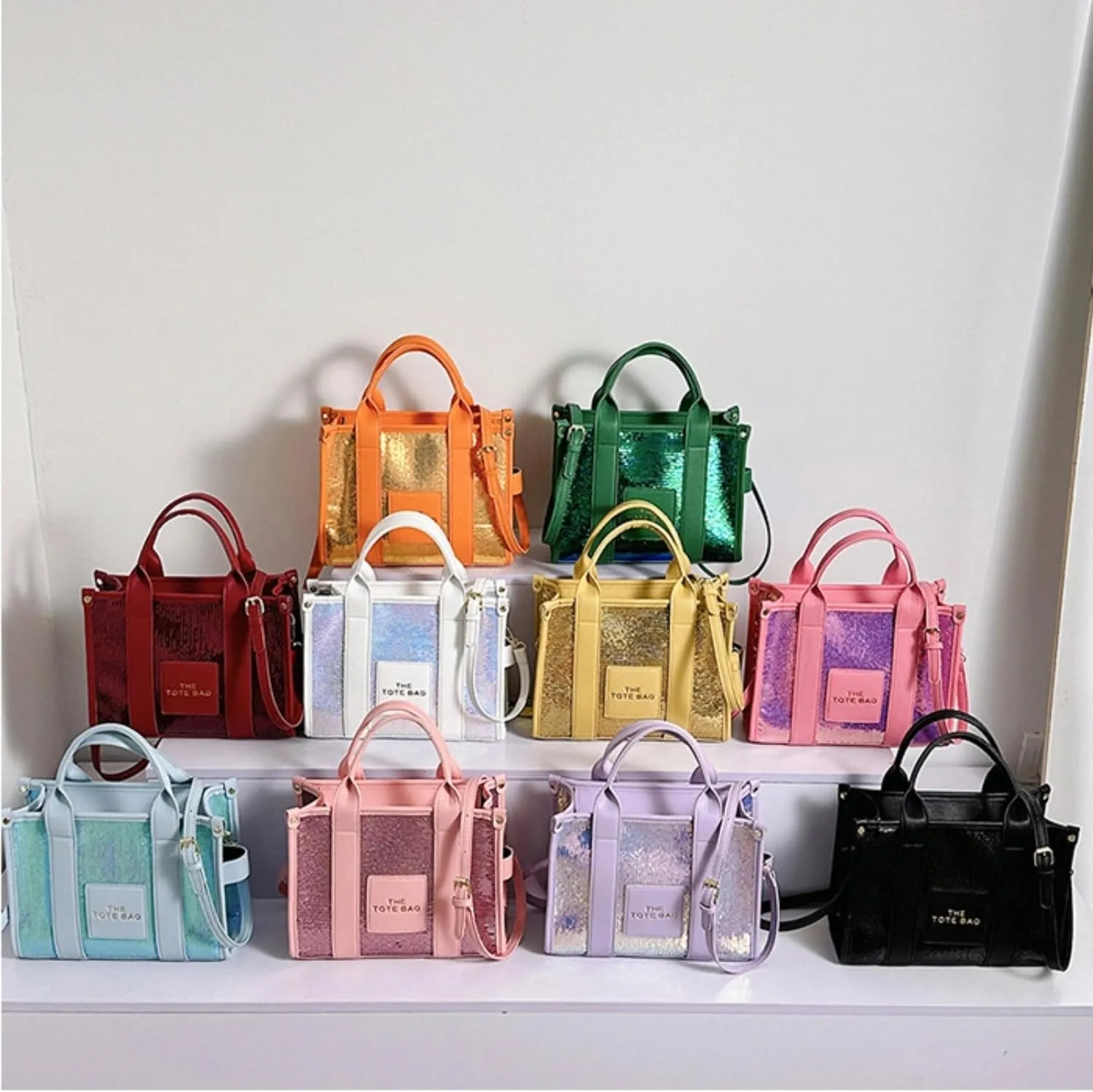The Tote Bag for Women,Shining Leather Tote Bag with Zipper,Trendy Sequin Crossbody Purse,Top Handle Handbags,Blue