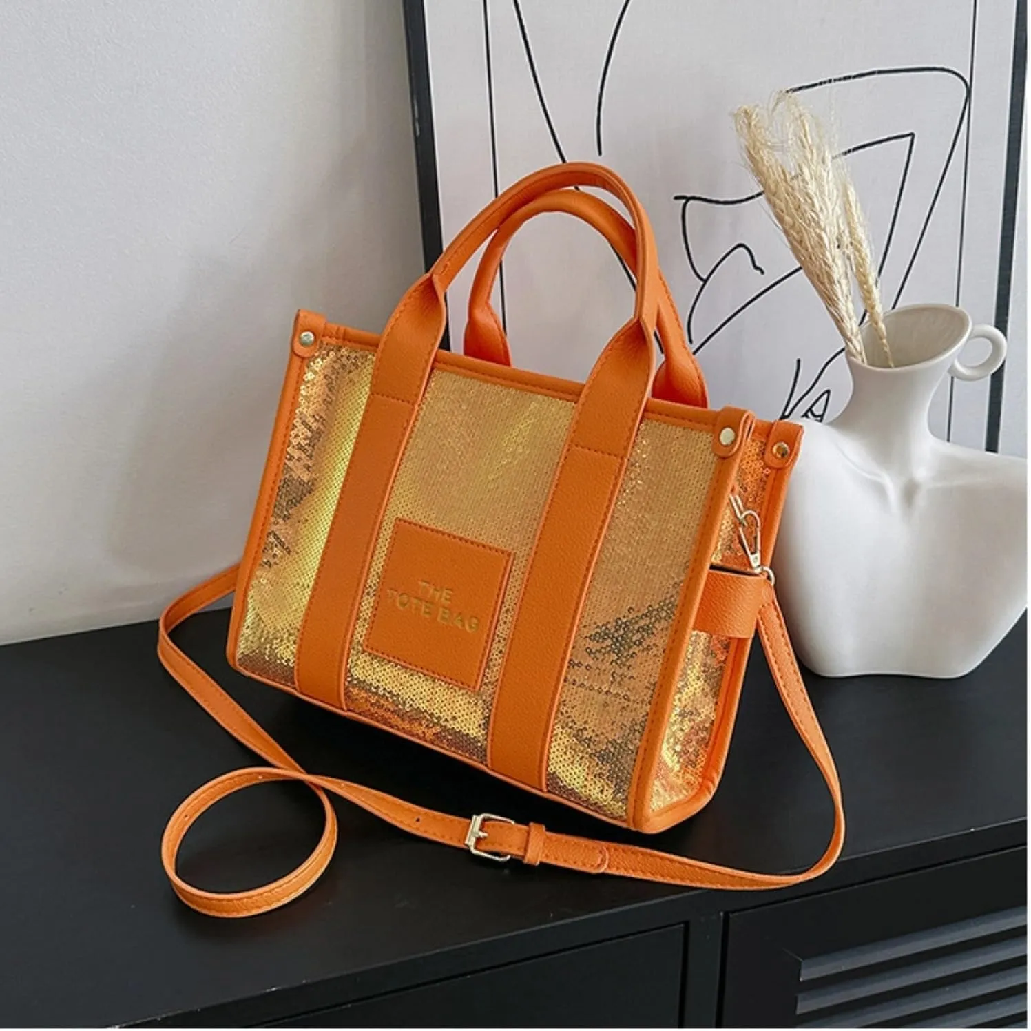 The Tote Bag for Women,Shining Leather Tote Bag with Zipper,Trendy Sequin Crossbody Purse,Top Handle Handbags,Blue