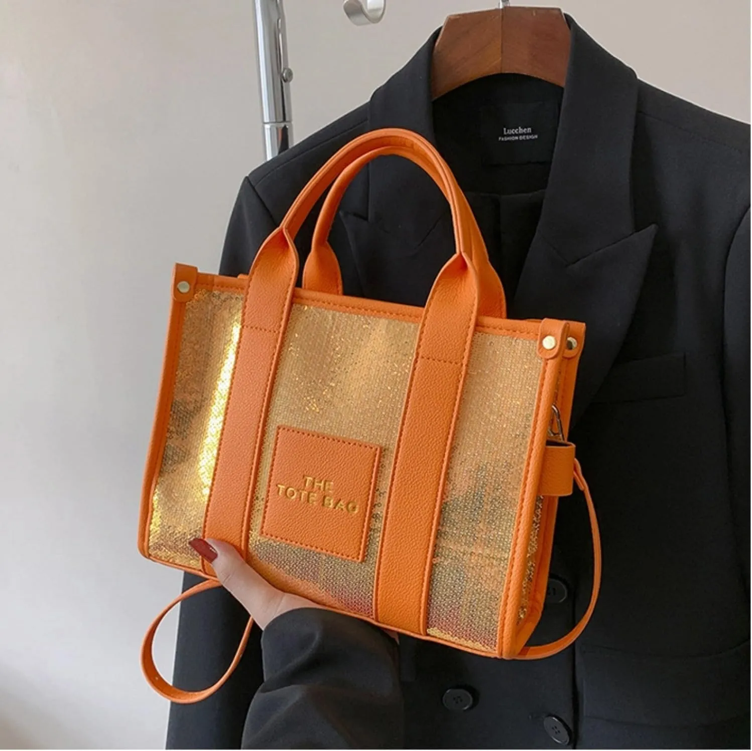 The Tote Bag for Women,Shining Leather Tote Bag with Zipper,Trendy Sequin Crossbody Purse,Top Handle Handbags,Blue