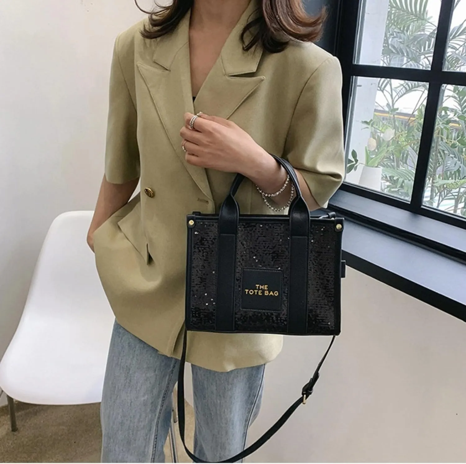 The Tote Bag for Women,Shining Leather Tote Bag with Zipper,Trendy Sequin Crossbody Purse,Top Handle Handbags,Blue