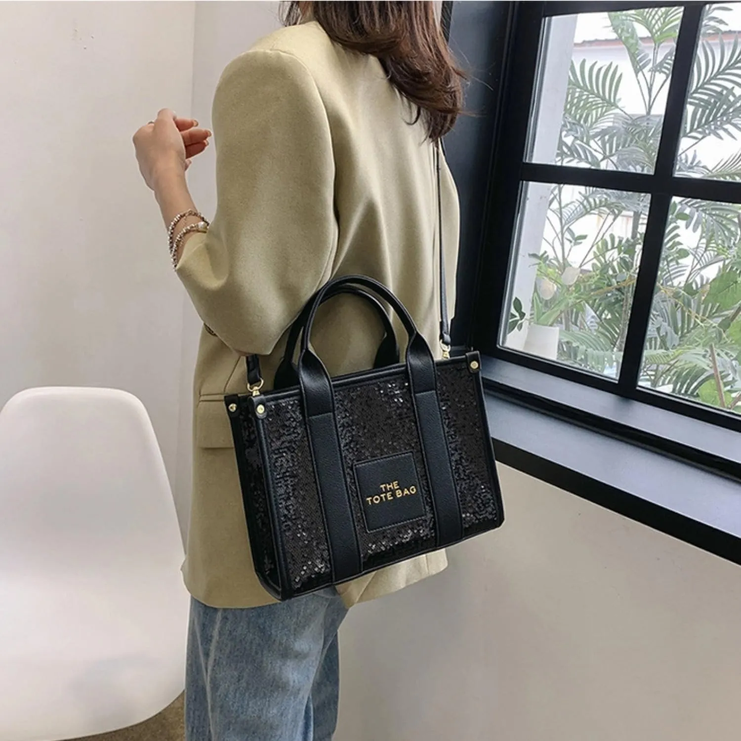The Tote Bag for Women,Shining Leather Tote Bag with Zipper,Trendy Sequin Crossbody Purse,Top Handle Handbags,Blue