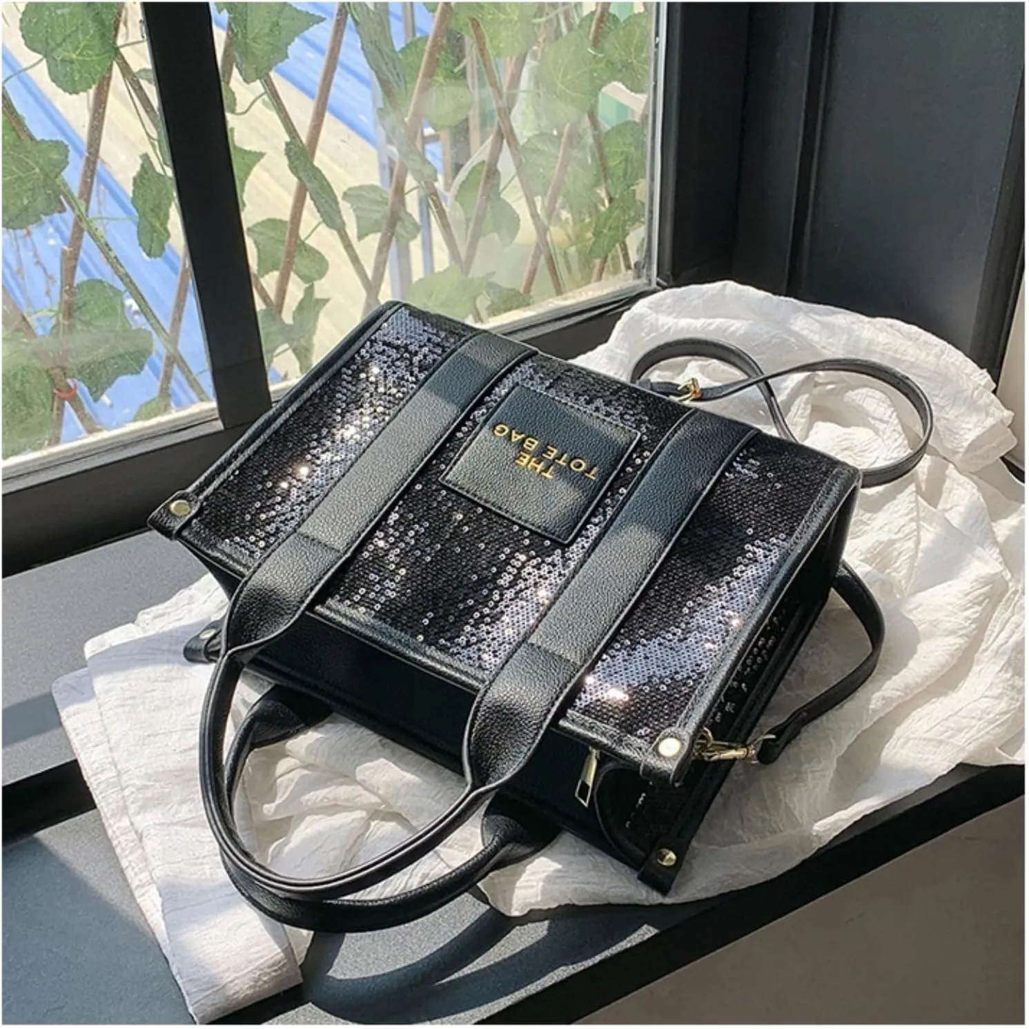 The Tote Bag for Women,Shining Leather Tote Bag with Zipper,Trendy Sequin Crossbody Purse,Top Handle Handbags,Blue