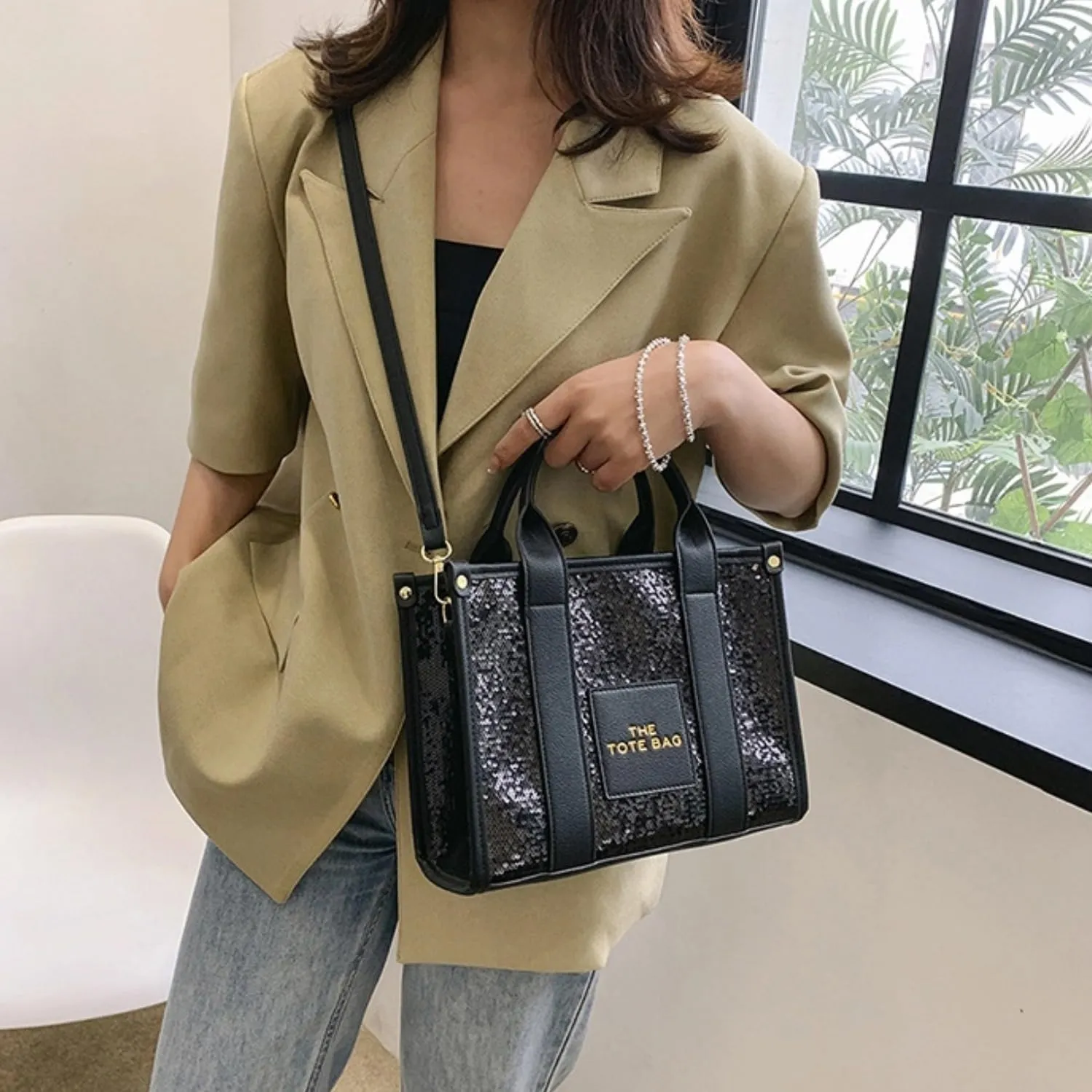 The Tote Bag for Women,Shining Leather Tote Bag with Zipper,Trendy Sequin Crossbody Purse,Top Handle Handbags,Blue