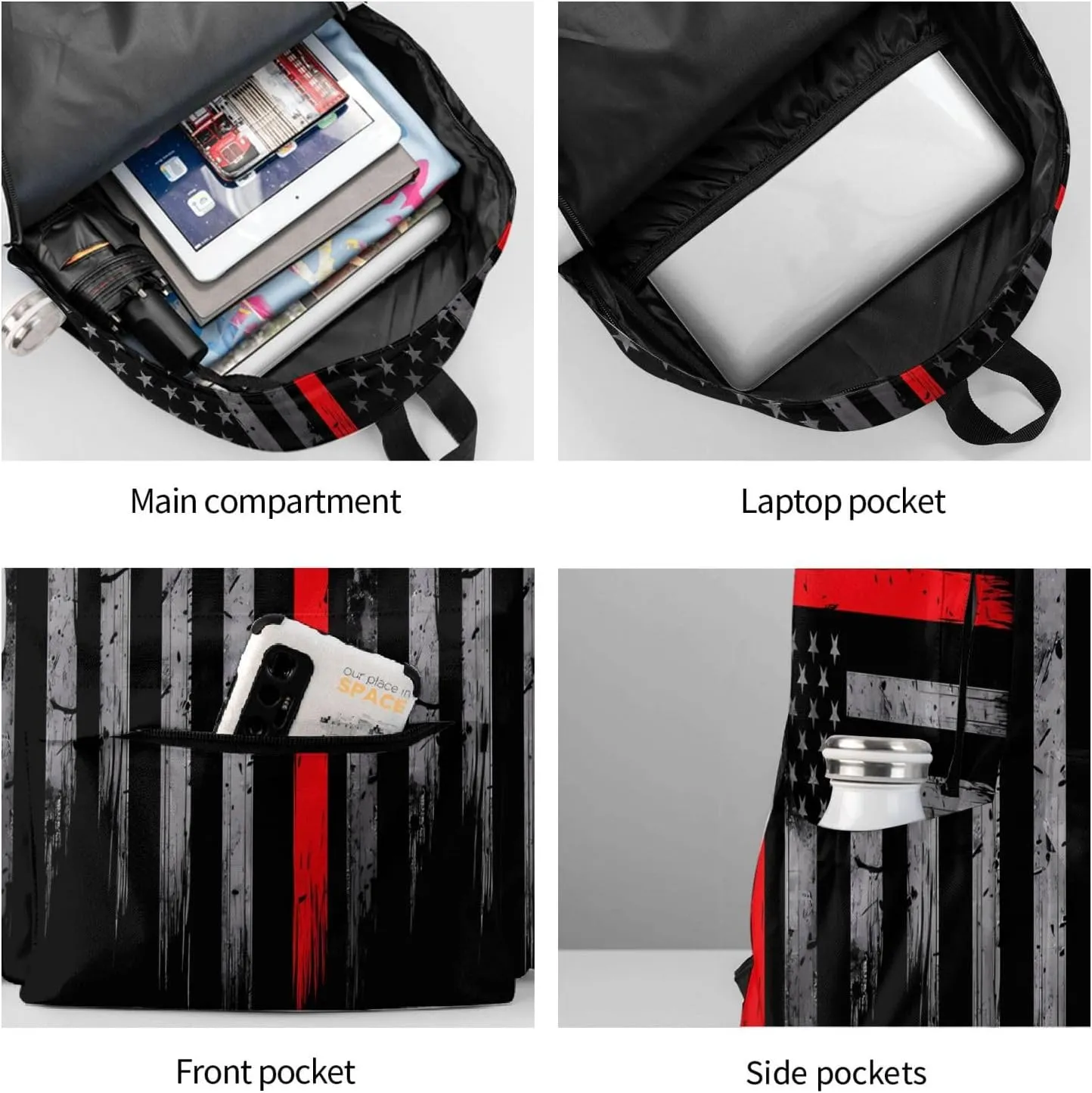 Thin Red Line American Flag Firefighter Backpacks 15 Inch Laptop Backpack Multipurpose Double Shoulder Bag for Men Women Gifts