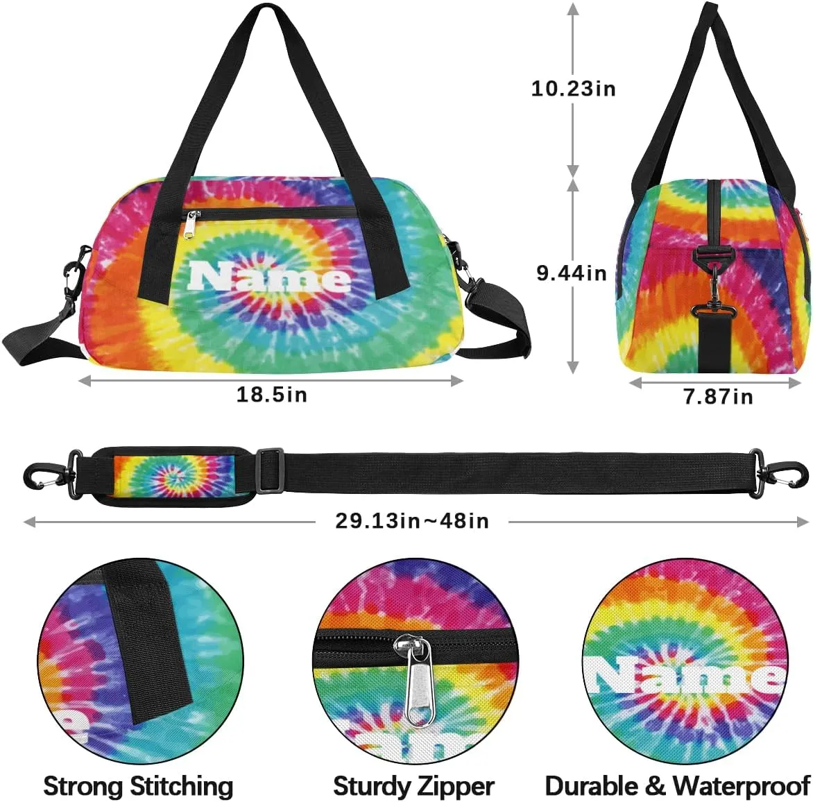 Tie Dye Background Custom Name Kids Duffel Bags Personalized Customized Sports Gym Bag Girls Dance Bag Tote Overnight Weekender Sleepover Carry On Travel Bag for Boys Girls