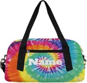 Tie Dye Background Custom Name Kids Duffel Bags Personalized Customized Sports Gym Bag Girls Dance Bag Tote Overnight Weekender Sleepover Carry On Travel Bag for Boys Girls