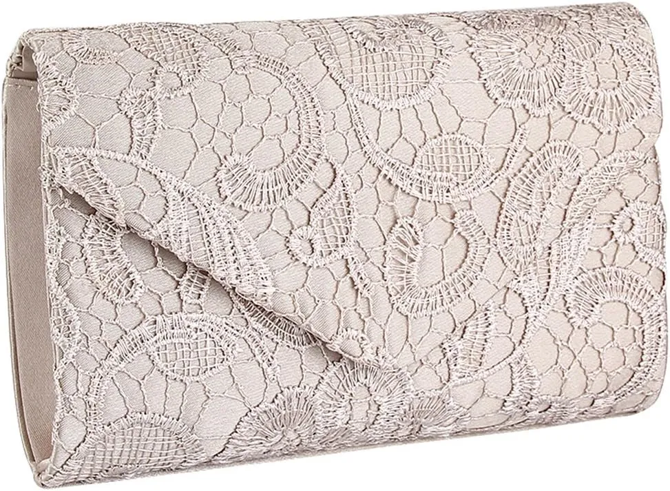 TOPCHANCES Womens Evening Clutch Ladies Floral Lace Envelope Handbags Wedding Bridal Purse Bag (Apricot)