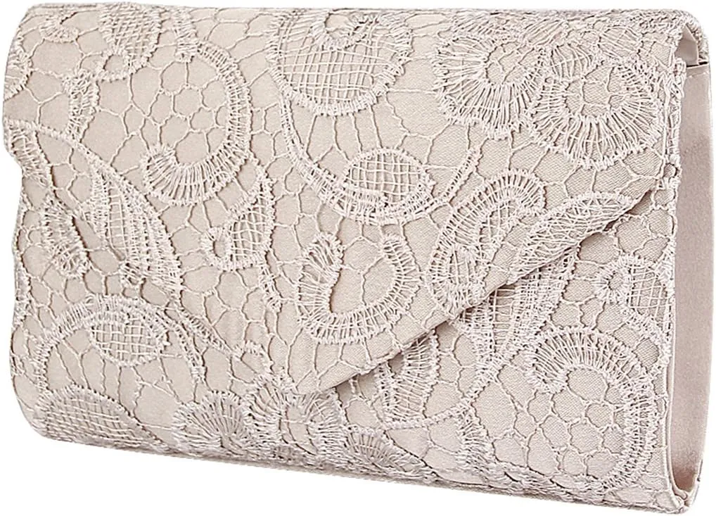TOPCHANCES Womens Evening Clutch Ladies Floral Lace Envelope Handbags Wedding Bridal Purse Bag (Apricot)