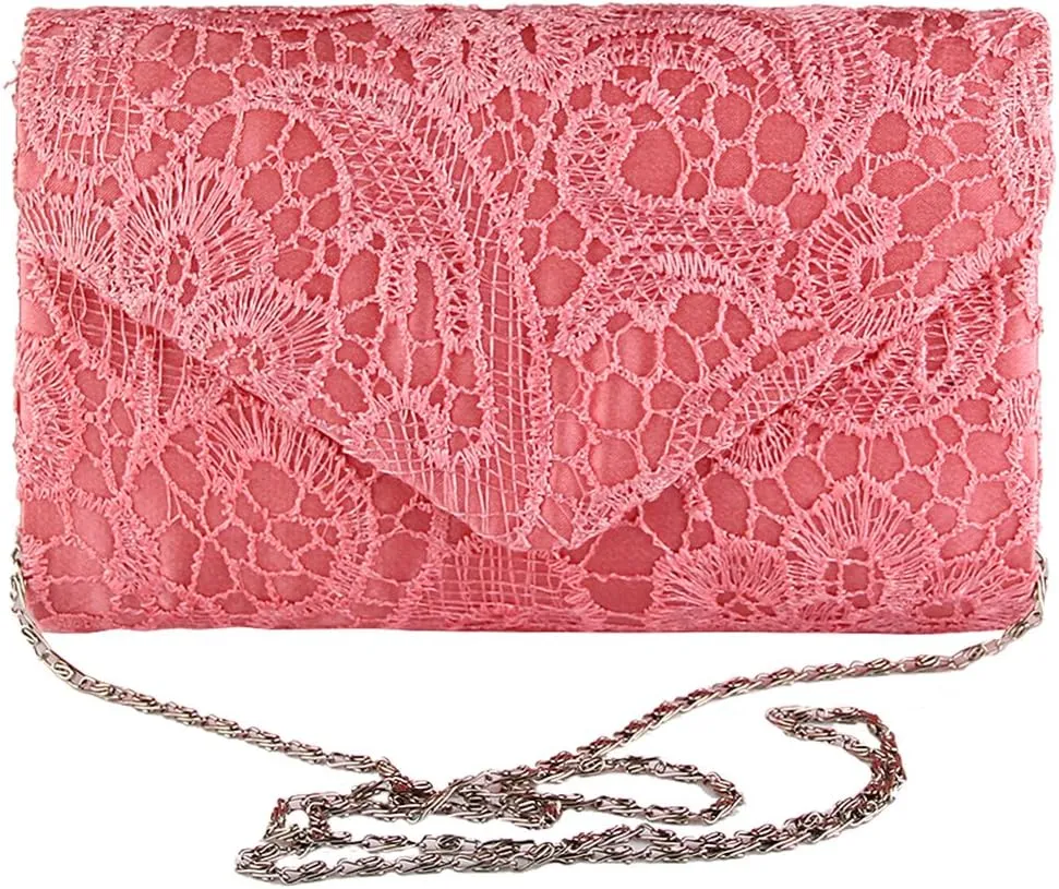 TOPCHANCES Womens Evening Clutch Ladies Floral Lace Envelope Handbags Wedding Bridal Purse Bag (Coral red)