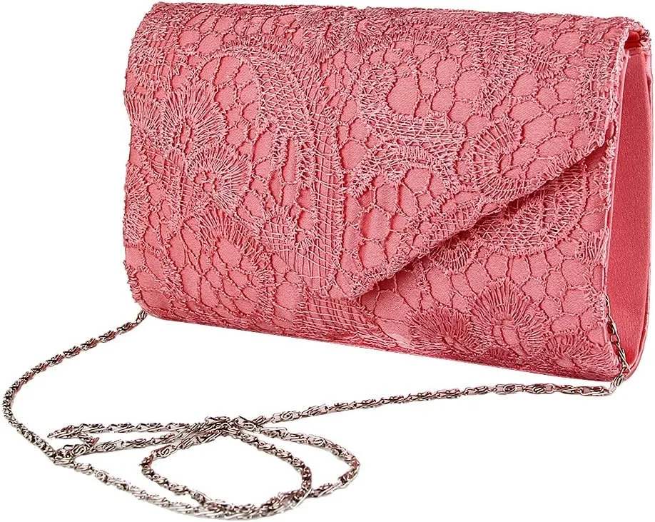 TOPCHANCES Womens Evening Clutch Ladies Floral Lace Envelope Handbags Wedding Bridal Purse Bag (Coral red)