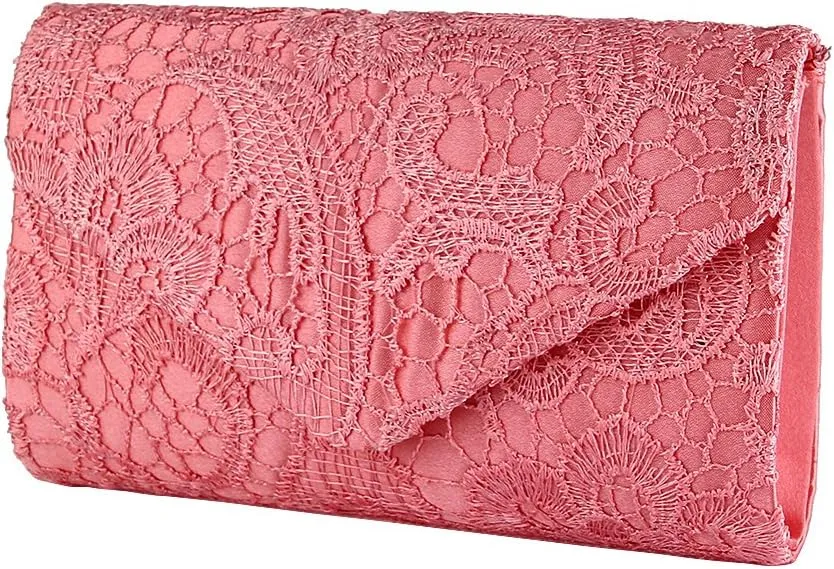 TOPCHANCES Womens Evening Clutch Ladies Floral Lace Envelope Handbags Wedding Bridal Purse Bag (Coral red)