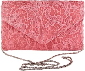 TOPCHANCES Womens Evening Clutch Ladies Floral Lace Envelope Handbags Wedding Bridal Purse Bag (Coral red)