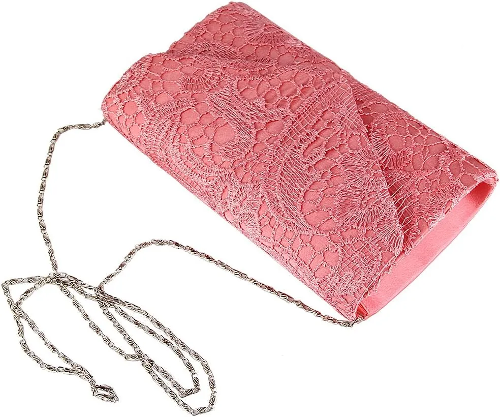 TOPCHANCES Womens Evening Clutch Ladies Floral Lace Envelope Handbags Wedding Bridal Purse Bag (Coral red)