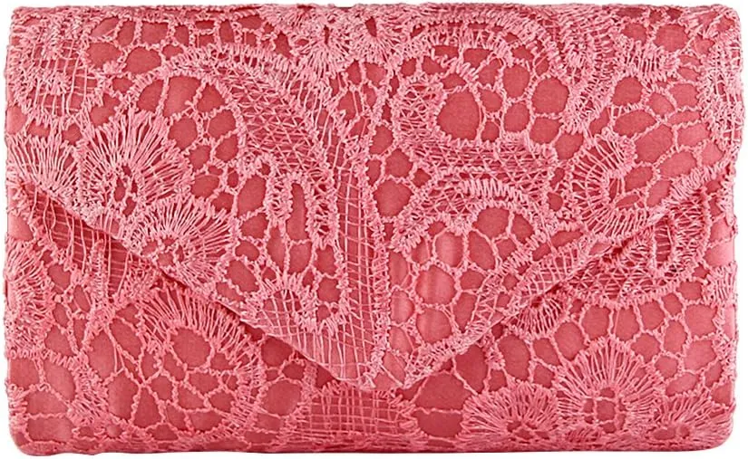 TOPCHANCES Womens Evening Clutch Ladies Floral Lace Envelope Handbags Wedding Bridal Purse Bag (Coral red)