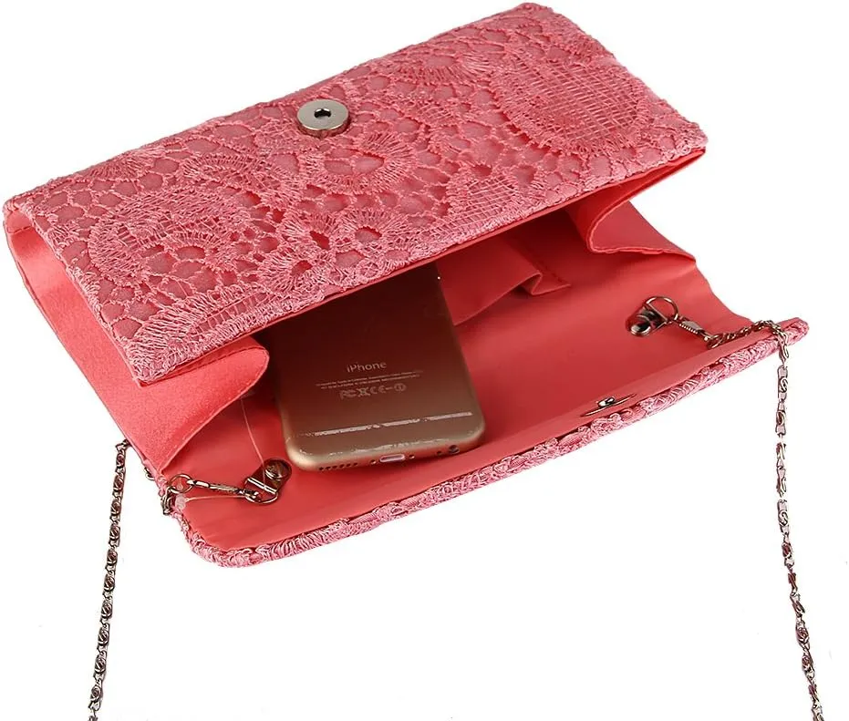 TOPCHANCES Womens Evening Clutch Ladies Floral Lace Envelope Handbags Wedding Bridal Purse Bag (Coral red)