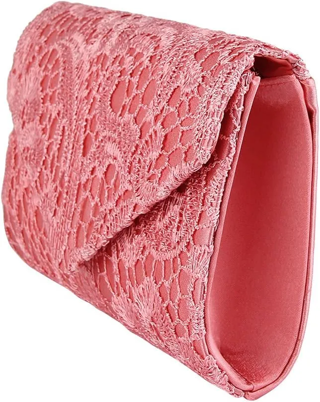 TOPCHANCES Womens Evening Clutch Ladies Floral Lace Envelope Handbags Wedding Bridal Purse Bag (Coral red)