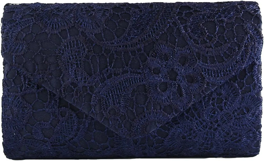 TOPCHANCES Womens Evening Clutch Ladies Floral Lace Envelope Handbags Wedding Bridal Purse Bag (Deep Blue)