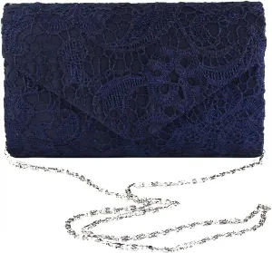 TOPCHANCES Womens Evening Clutch Ladies Floral Lace Envelope Handbags Wedding Bridal Purse Bag (Deep Blue)