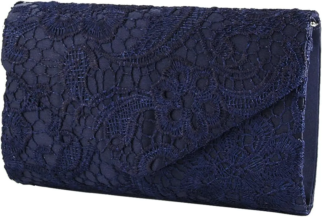 TOPCHANCES Womens Evening Clutch Ladies Floral Lace Envelope Handbags Wedding Bridal Purse Bag (Deep Blue)