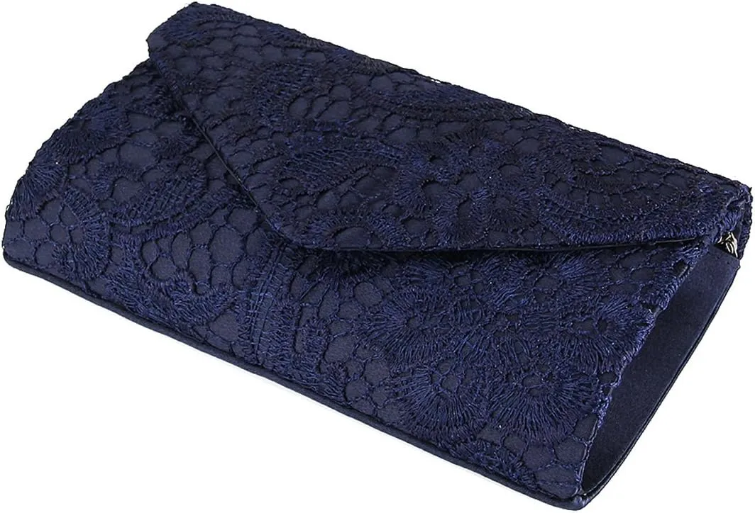 TOPCHANCES Womens Evening Clutch Ladies Floral Lace Envelope Handbags Wedding Bridal Purse Bag (Deep Blue)