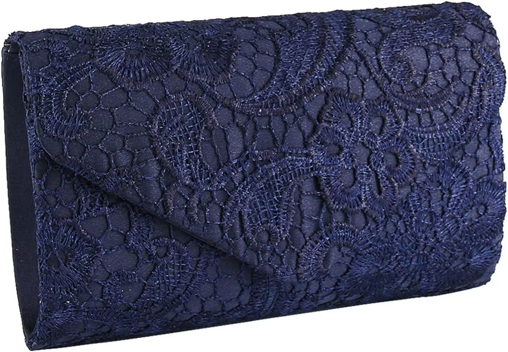TOPCHANCES Womens Evening Clutch Ladies Floral Lace Envelope Handbags Wedding Bridal Purse Bag (Deep Blue)