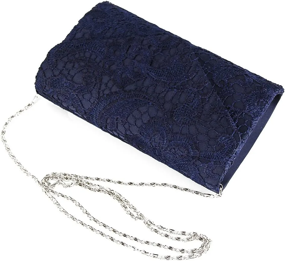 TOPCHANCES Womens Evening Clutch Ladies Floral Lace Envelope Handbags Wedding Bridal Purse Bag (Deep Blue)