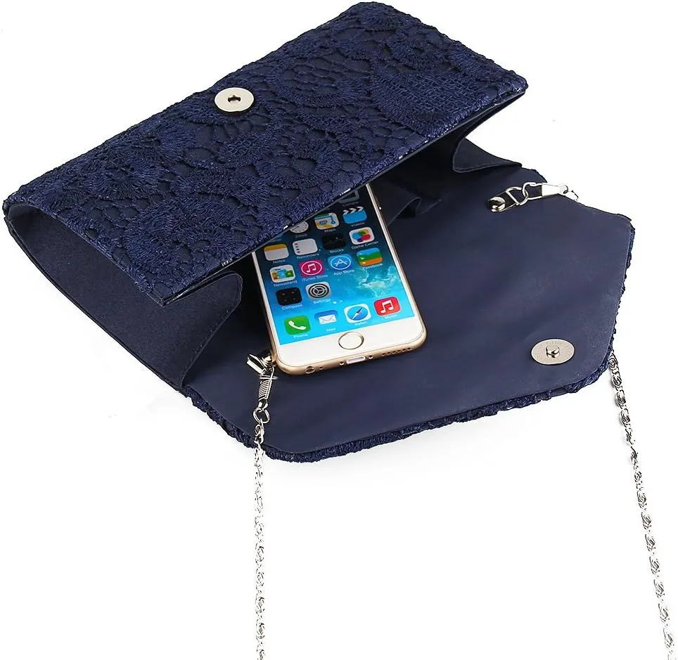 TOPCHANCES Womens Evening Clutch Ladies Floral Lace Envelope Handbags Wedding Bridal Purse Bag (Deep Blue)