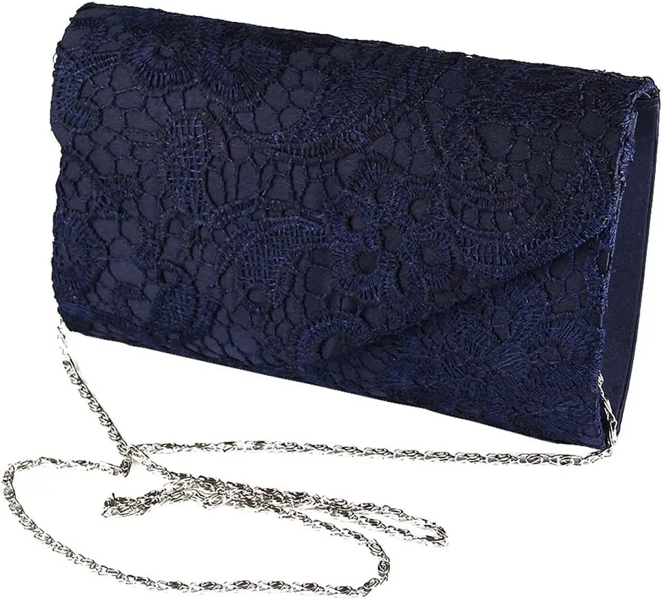 TOPCHANCES Womens Evening Clutch Ladies Floral Lace Envelope Handbags Wedding Bridal Purse Bag (Deep Blue)