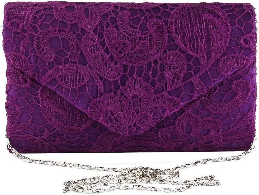 TOPCHANCES Womens Evening Clutch Ladies Floral Lace Envelope Handbags Wedding Bridal Purse Bag (Purple)