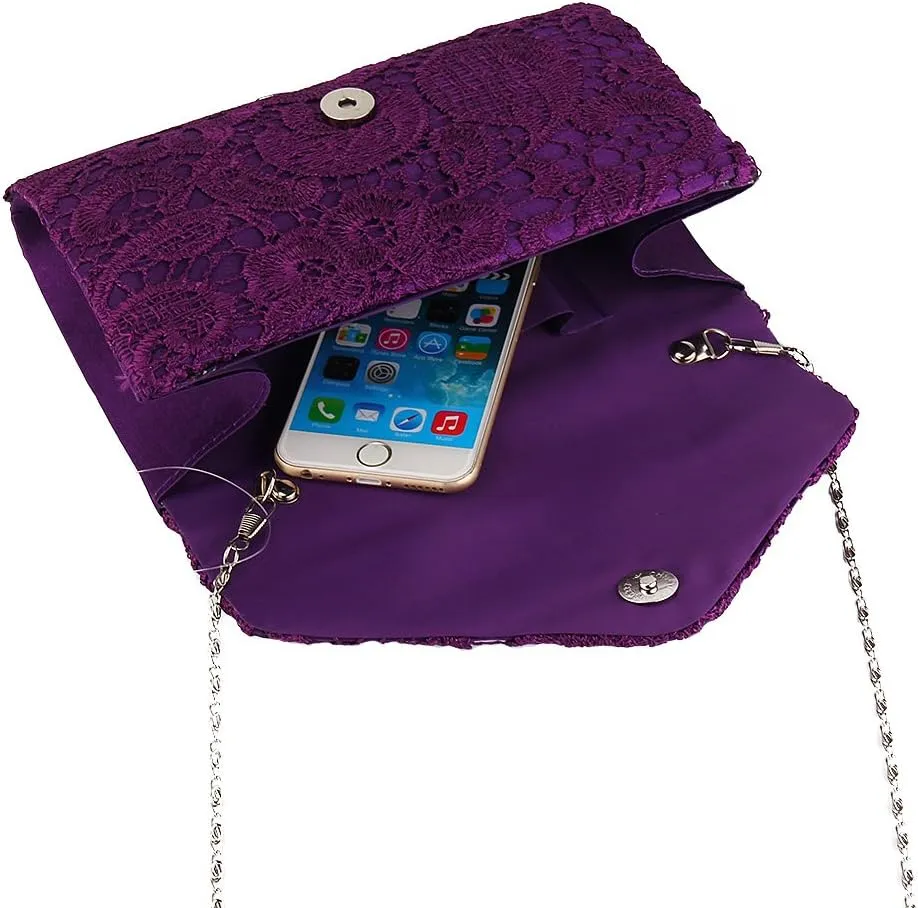 TOPCHANCES Womens Evening Clutch Ladies Floral Lace Envelope Handbags Wedding Bridal Purse Bag (Purple)