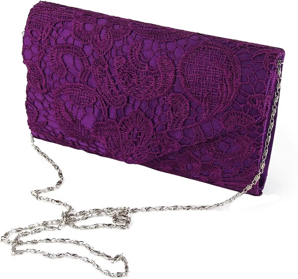 TOPCHANCES Womens Evening Clutch Ladies Floral Lace Envelope Handbags Wedding Bridal Purse Bag (Purple)