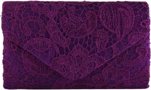TOPCHANCES Womens Evening Clutch Ladies Floral Lace Envelope Handbags Wedding Bridal Purse Bag (Purple)