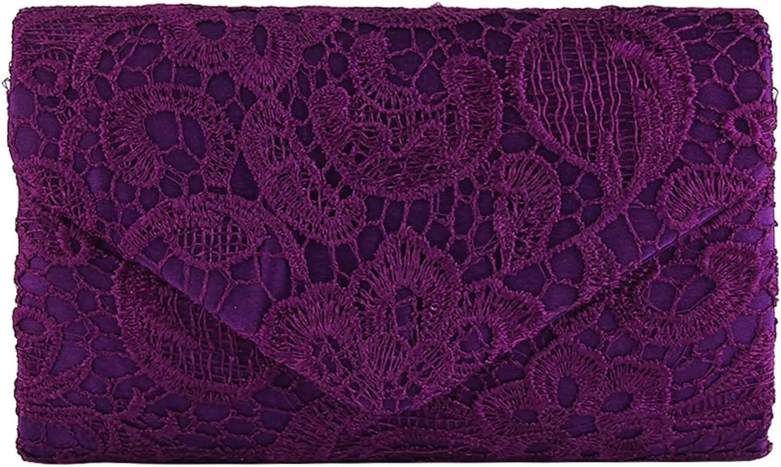 TOPCHANCES Womens Evening Clutch Ladies Floral Lace Envelope Handbags Wedding Bridal Purse Bag (Purple)