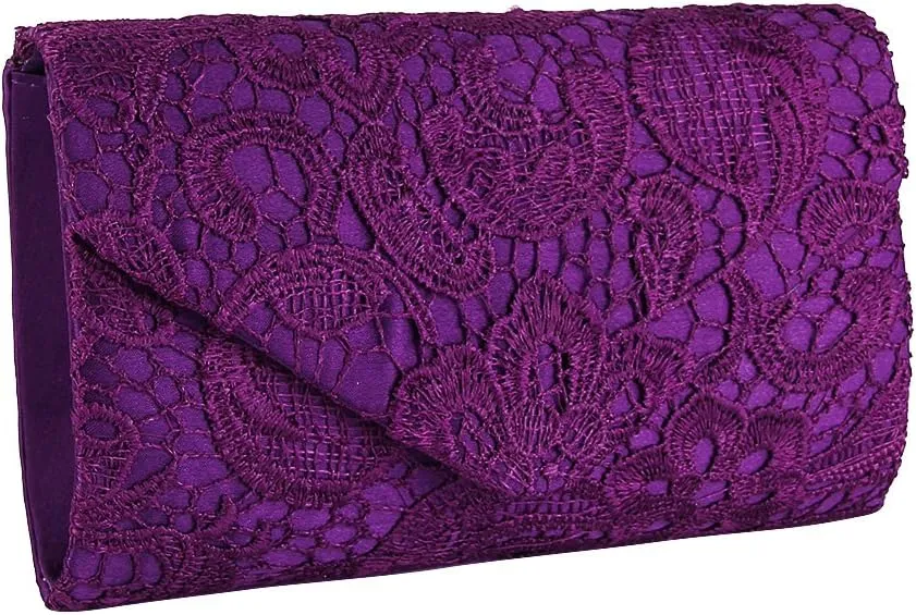 TOPCHANCES Womens Evening Clutch Ladies Floral Lace Envelope Handbags Wedding Bridal Purse Bag (Purple)