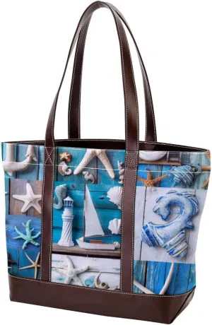 Tote Bag for Women, Large Tote Bags for Women, Tote Bag with Zipper, Summer Nautical Anchor Starfish, Totes for Women