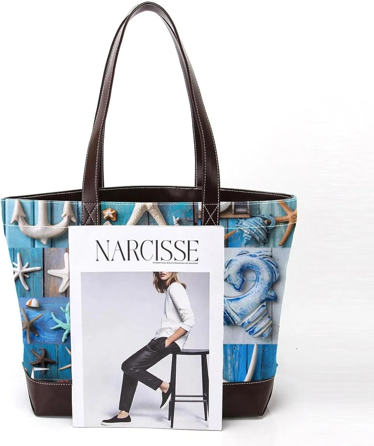 Tote Bag for Women, Large Tote Bags for Women, Tote Bag with Zipper, Summer Nautical Anchor Starfish, Totes for Women
