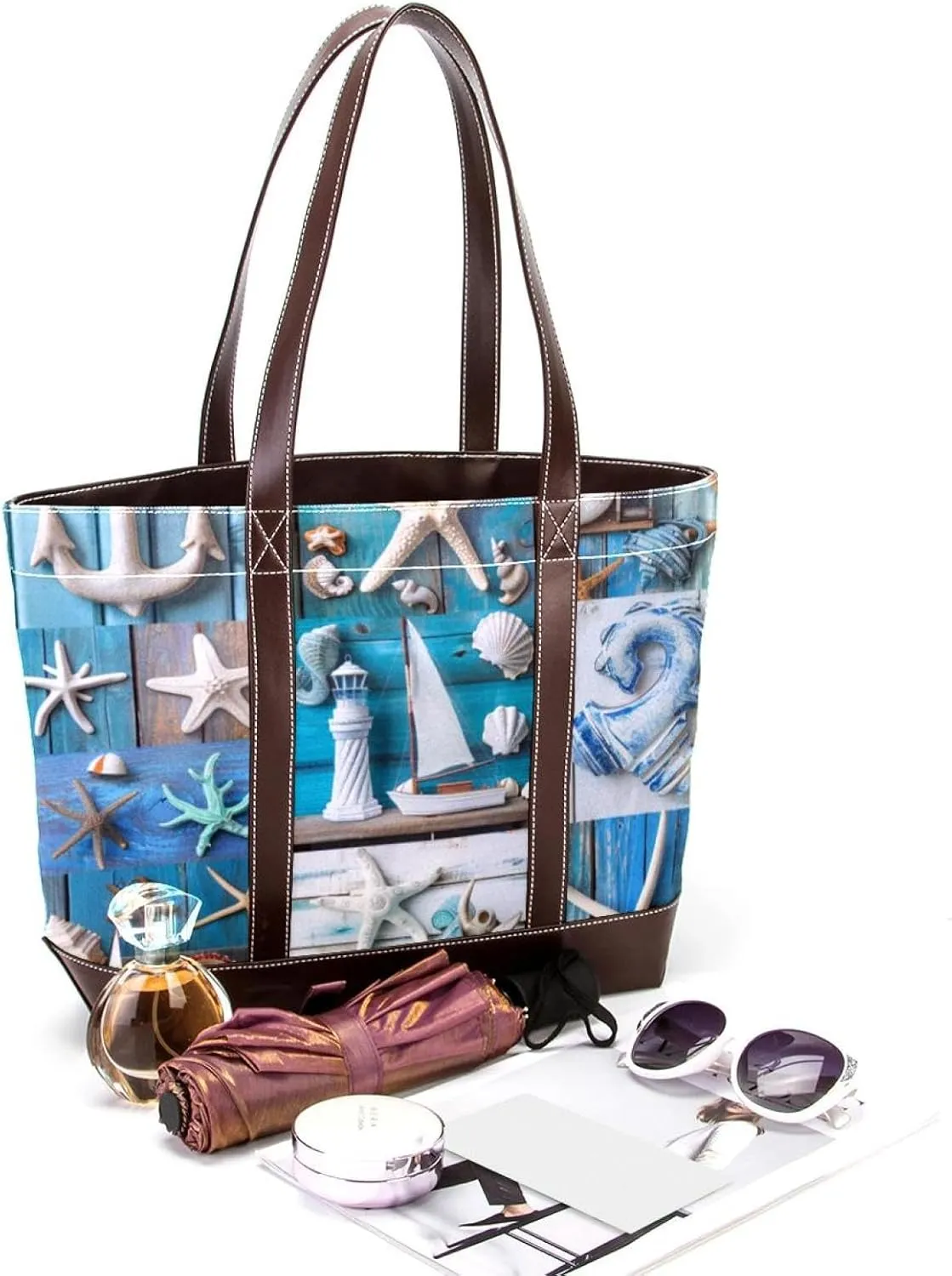 Tote Bag for Women, Large Tote Bags for Women, Tote Bag with Zipper, Summer Nautical Anchor Starfish, Totes for Women