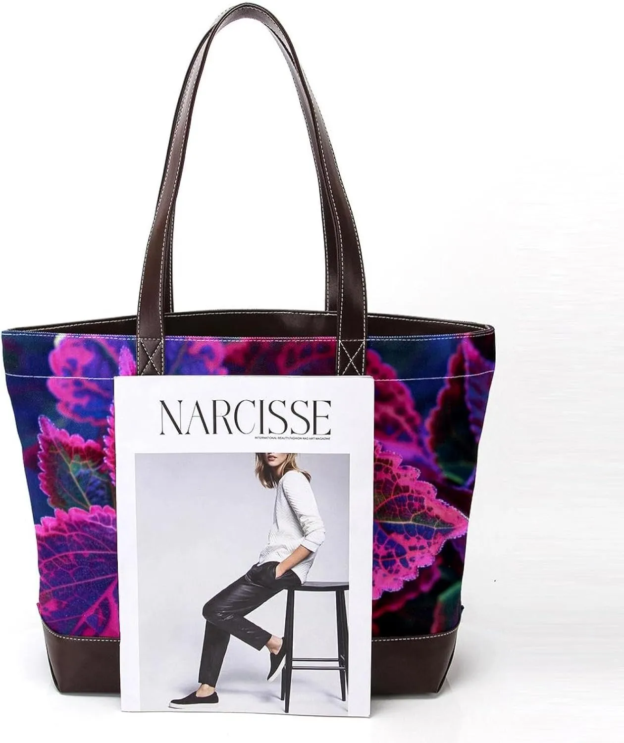 Tote Bag, Large Tote Bag, Tote Bag with Zipper, Modern Botanical Pattern Purple Leaves, Totes for Women