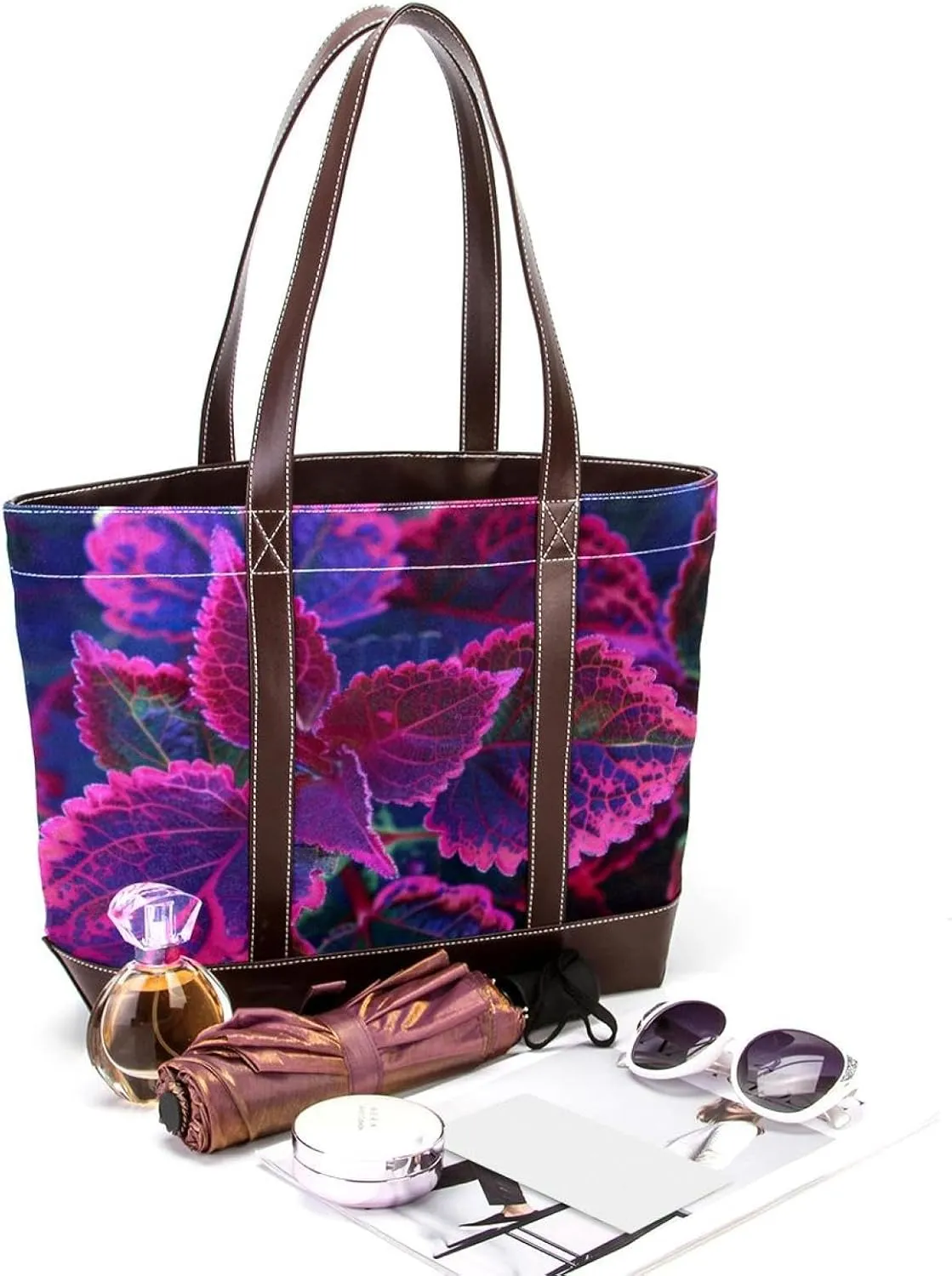 Tote Bag, Large Tote Bag, Tote Bag with Zipper, Modern Botanical Pattern Purple Leaves, Totes for Women