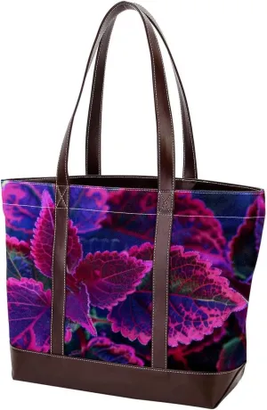 Tote Bag, Large Tote Bag, Tote Bag with Zipper, Modern Botanical Pattern Purple Leaves, Totes for Women