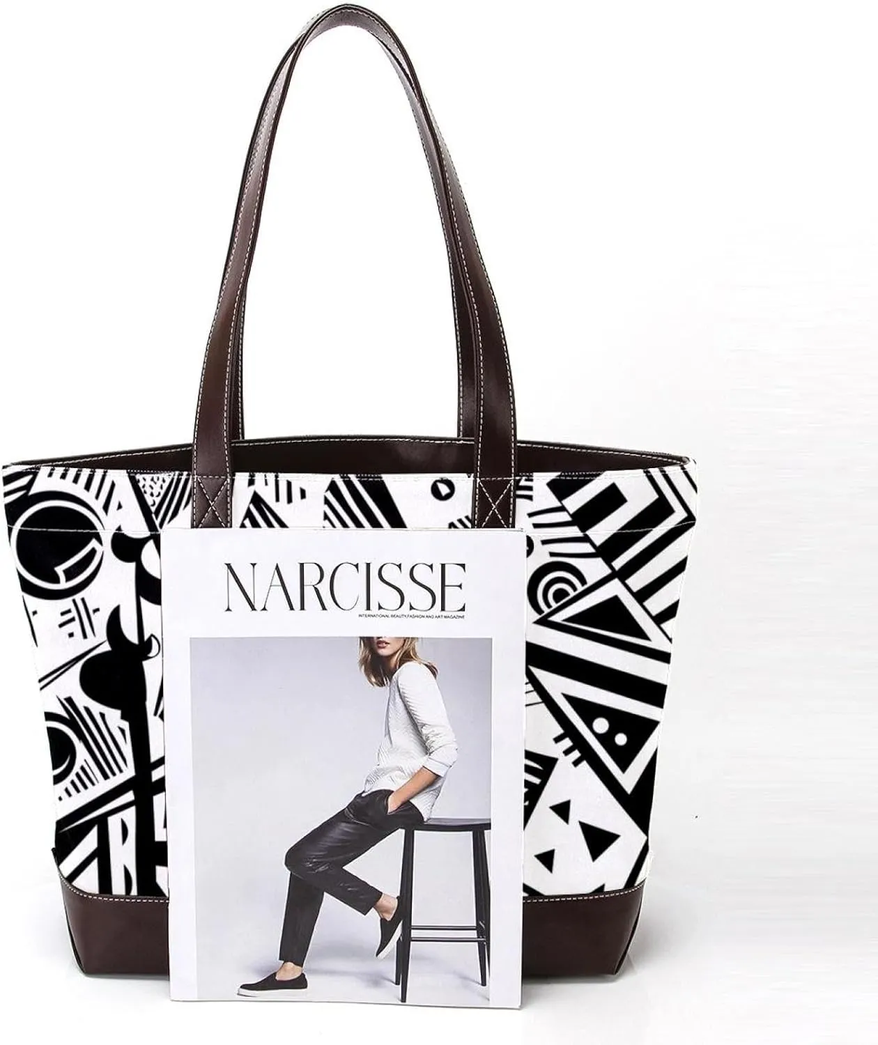 Tote Bag, Large Tote Bags for Women, Women's Tote Handbags, Modern Black White Geometric Ethnic Tribal, Totes for Women