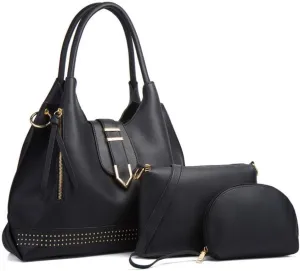 Tote Handbag for Women Pu Leather Rivets Shoulder Crossbody Bag Satchel Clutch Purses 3 Pcs Set